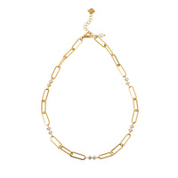 ELOPPINA Gold Necklace: Paper Clip Chain with Zirconia Accents & a Freshwater Pearl Charm